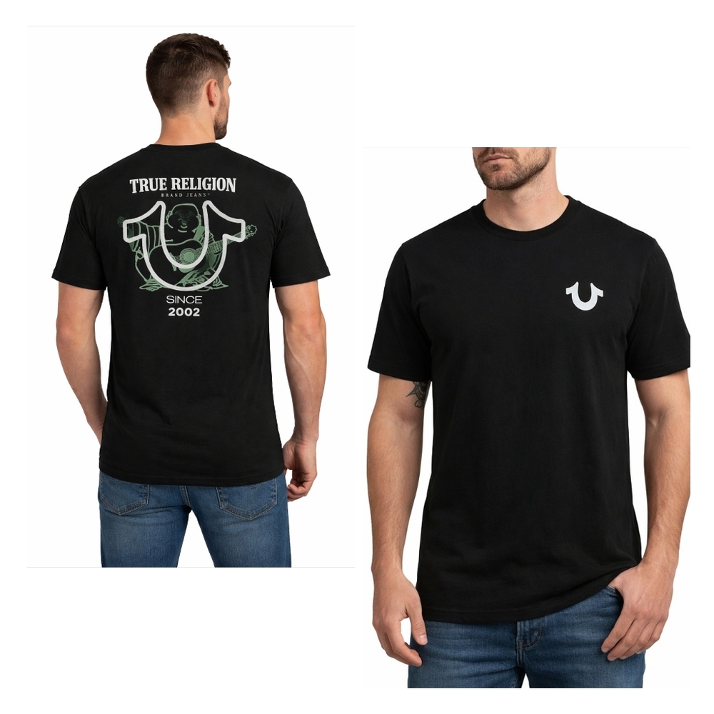 True Religion Men’s Large Black Graphic T-Shirt Buddha Guitar Logo